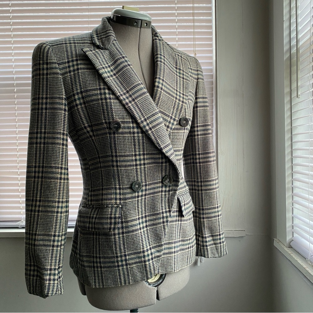 JONES NEW YORK Women's Black White Green Plaid Wool Tailored Blazer Size 4P